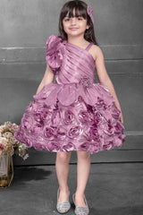 Onion Pink Sequin Designer Party Frock With Flower Embellishments For Girls