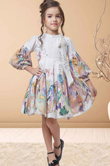 Cream 3/4th Sleeves And Printed Frock For Girls