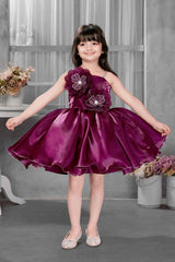 Wine Sleeveless And Floral Embellishment With Stone And Pearl Work Frock For Girls