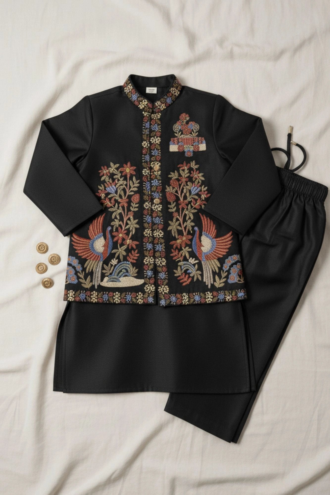 Black Multicolor Embroidered Kurta Set For Boys For Boys