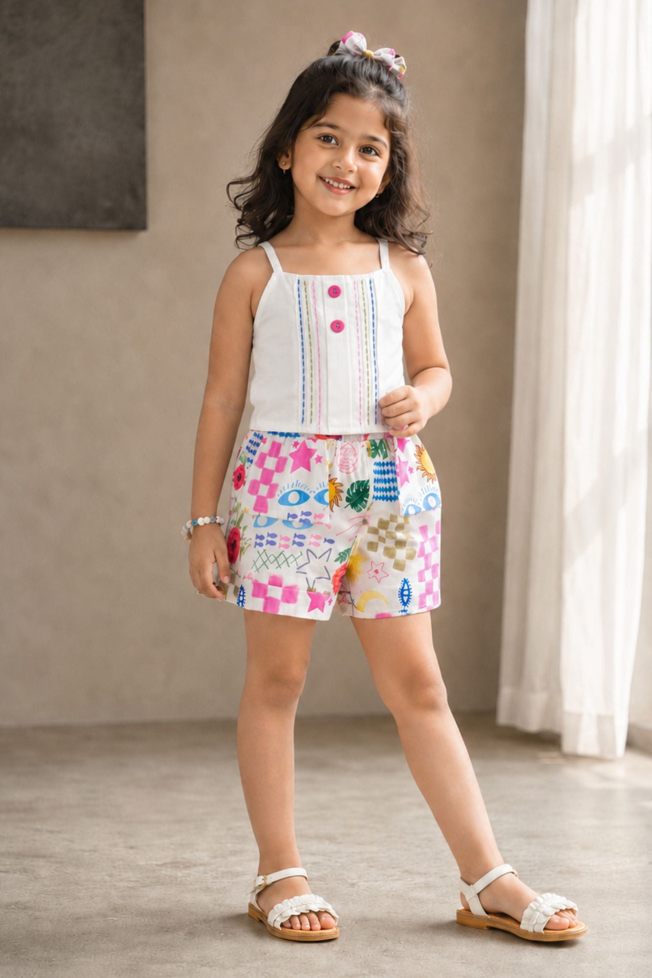 Playful Abstract Printed Waistcoat Top and Shorts Co ord Set