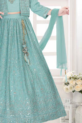 Sea Green Sequin Work And Embroidered Lehenga Choli Set For Girls