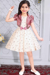 Floral Printed Cream Partywear Frock With Onion Pink Overcoat For Girls