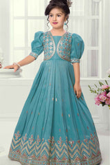 Sky Blue Sequins Worked And Zari Embroidered Ethnic Gown For Girls