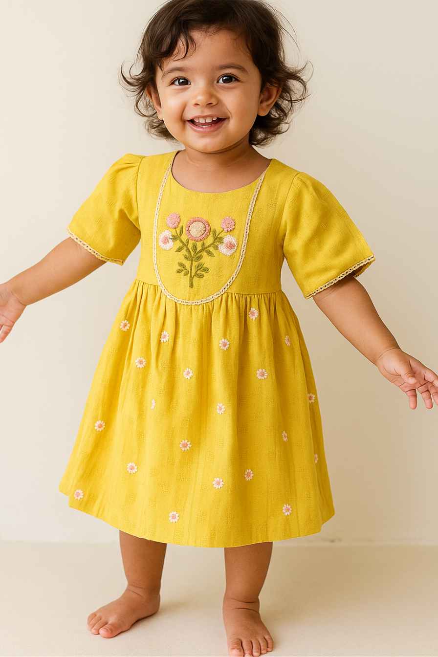 Mustard Yellow Cotton Embroidered Dress For Girls