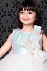 White Sleeveless And Sequins With Bow Embellished Tailback Frock For Girls