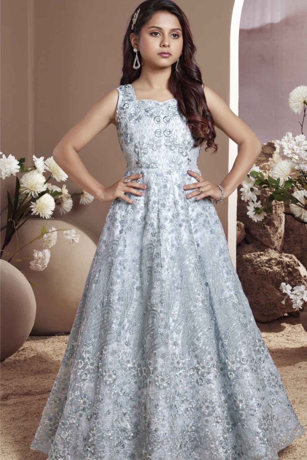 Pastel Blue Embroidered Party Wear Gown With Sequins Work For Girls