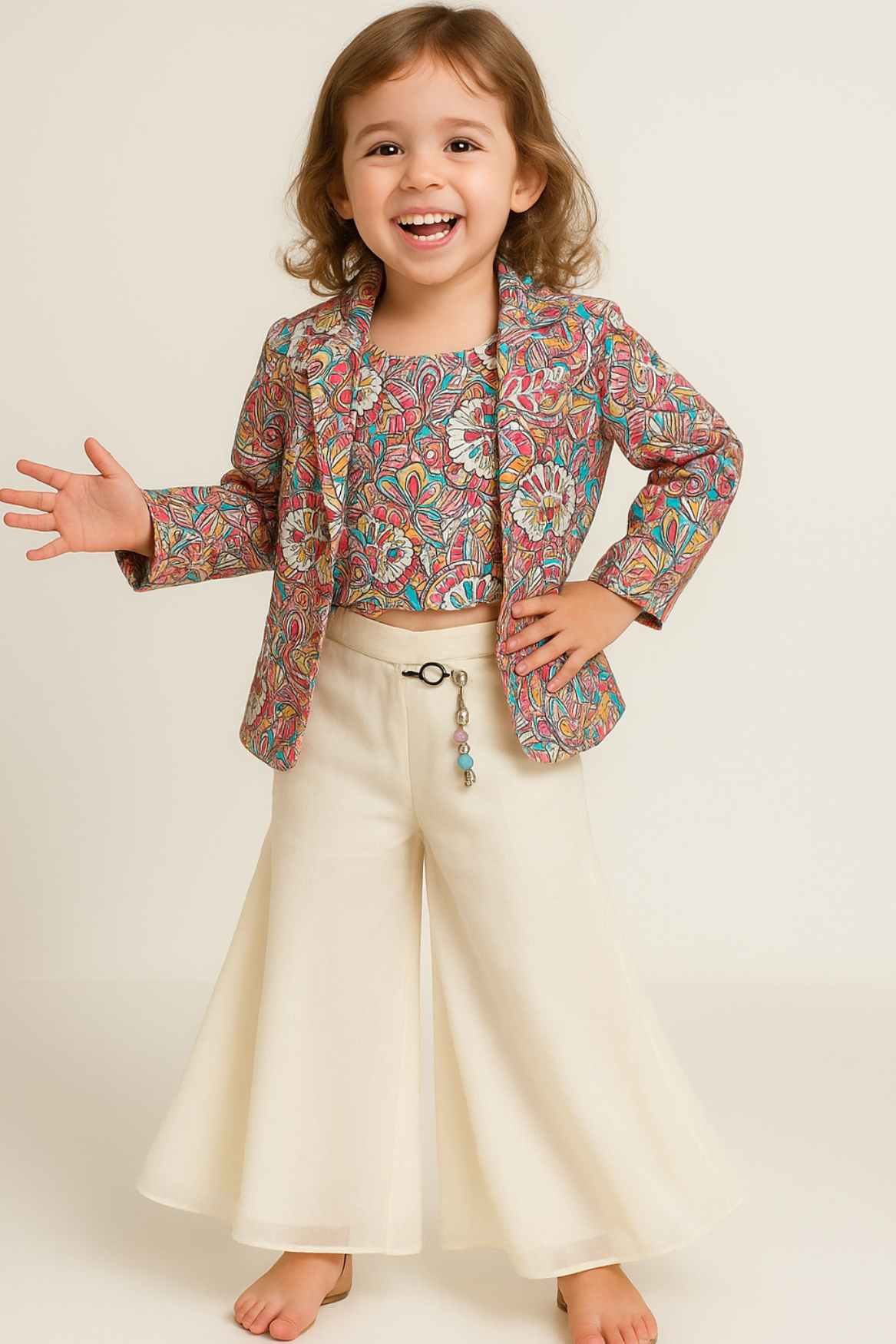 Multicolor Floral Printed Blazer And Crop Top Set with Flared Trousers For Girls