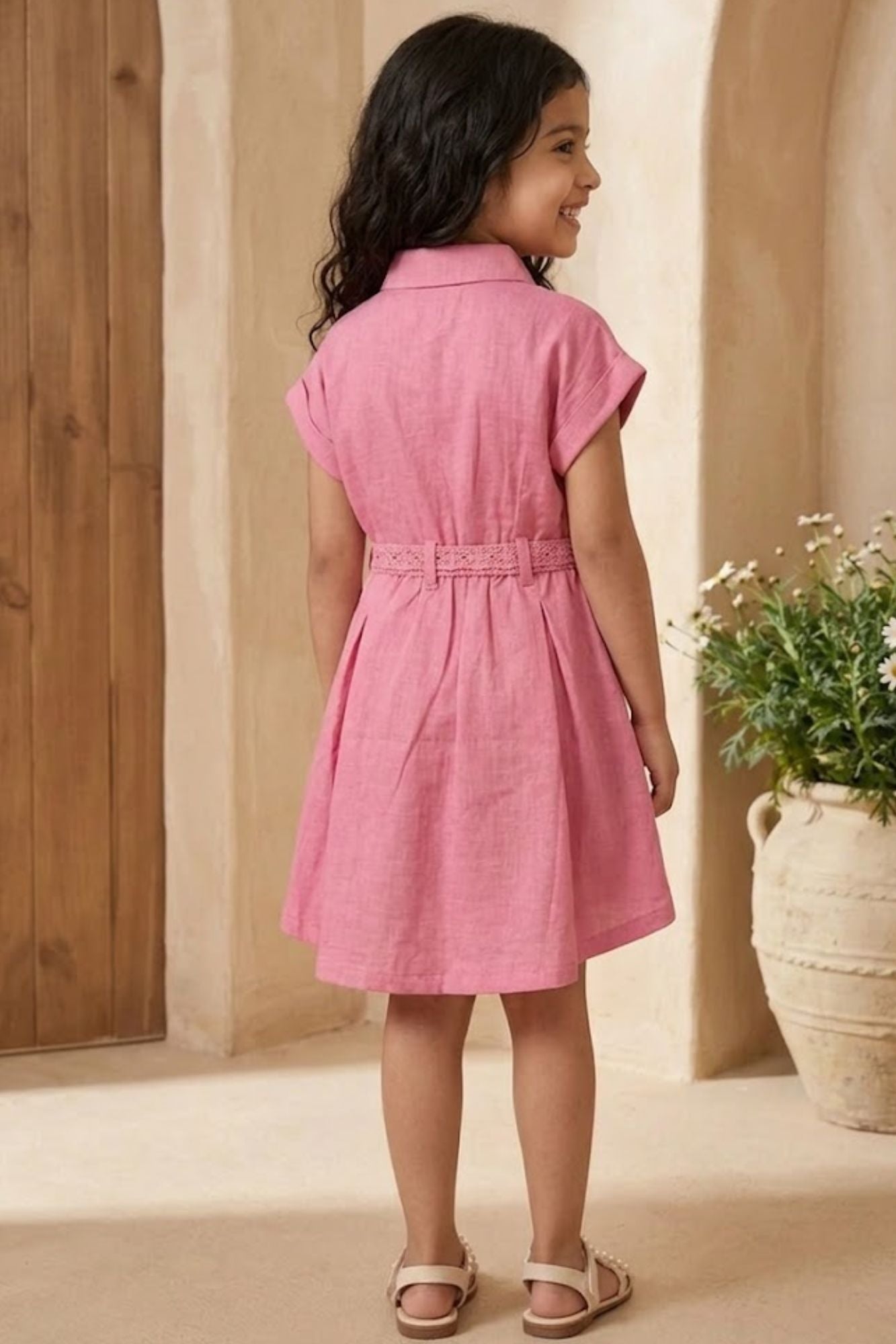 Girls Pink Embroidered Fit And Flare Casual Dress with Waist Tie Belt
