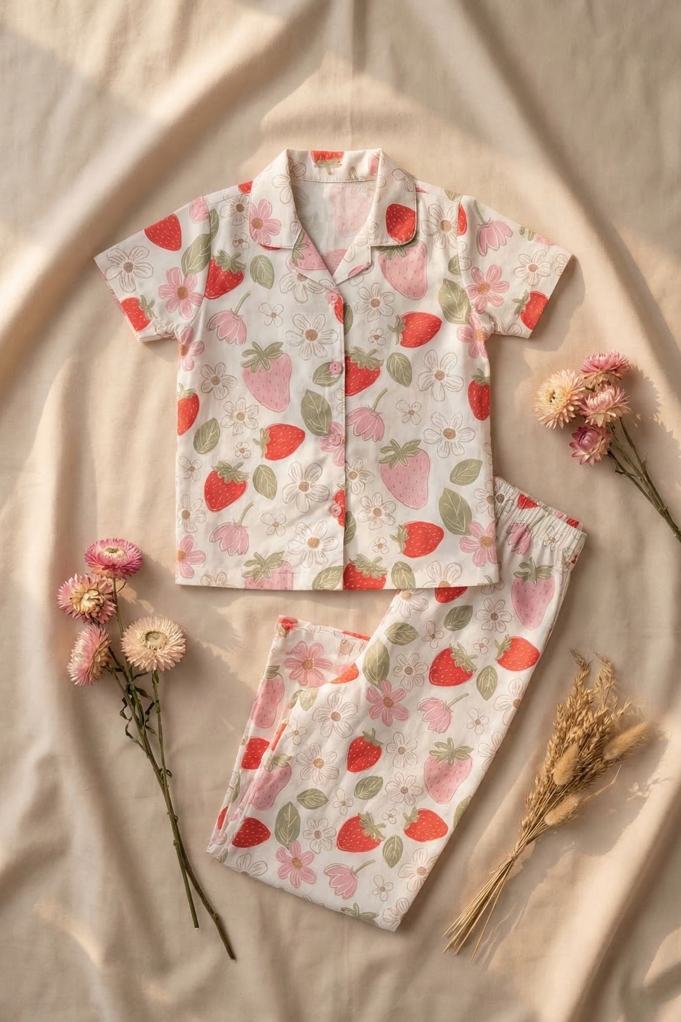 Off White Strawberry Floral Printed Night Suit Set For Girls