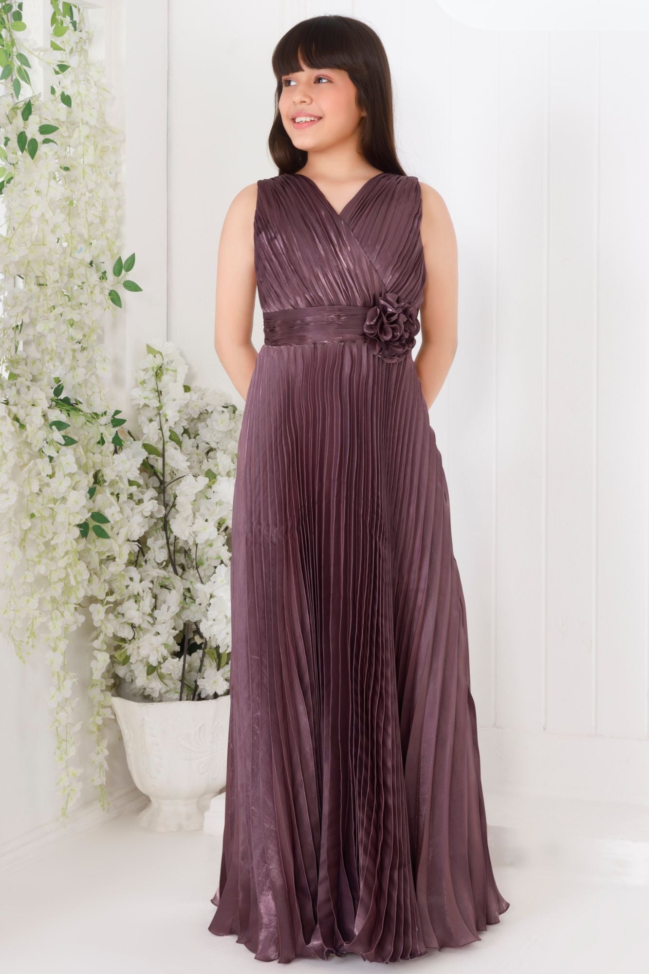 Wine Pleated Full-Length Party Gown with Floral Waist Detail For Girls