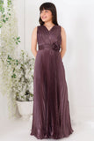 Wine Pleated Full-Length Party Gown with Floral Waist Detail For Girls