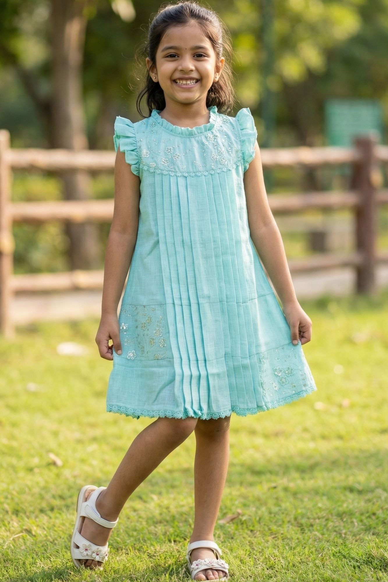 Light Blue Embroidered Pleated Frock For Girls