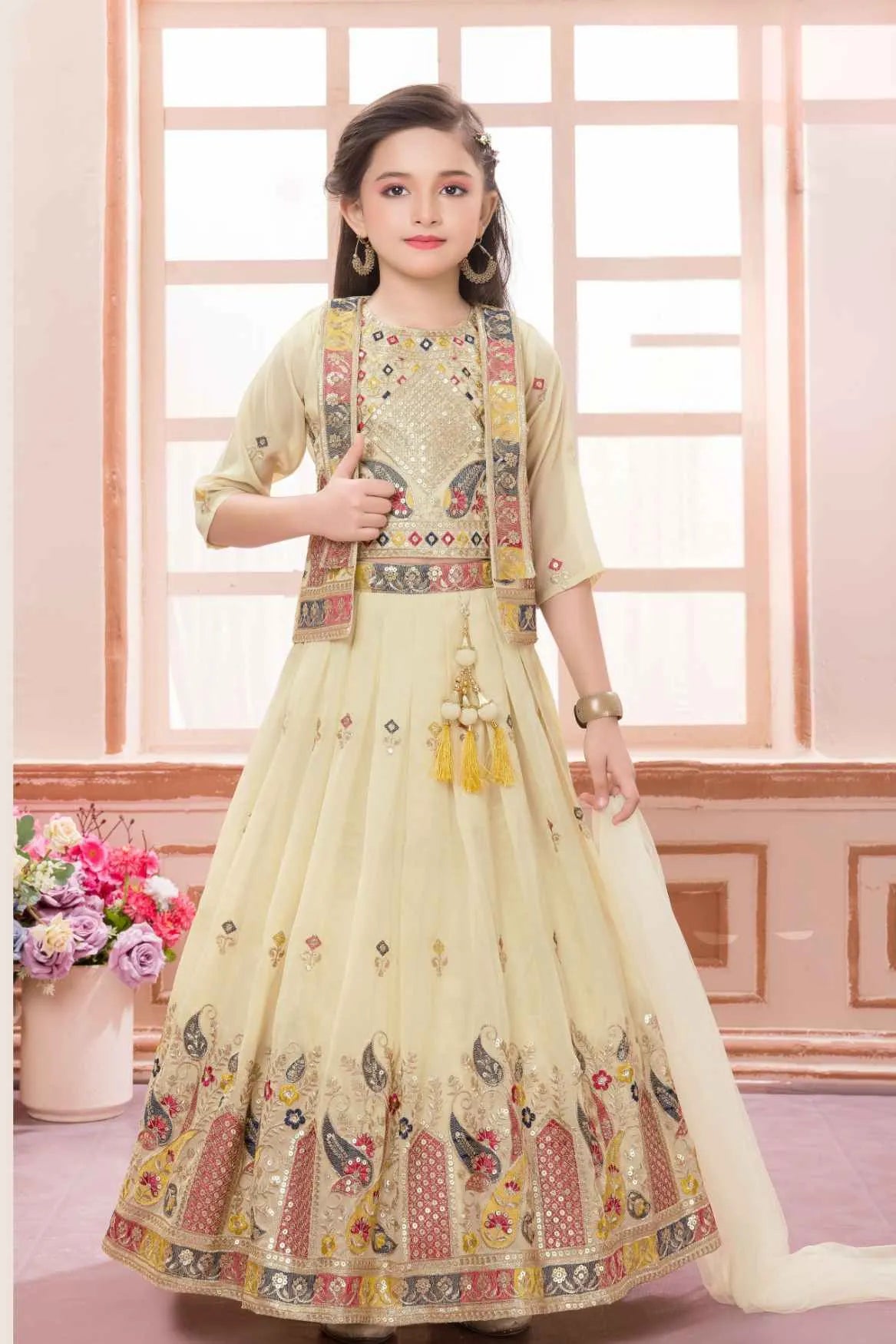 Cream Embroidered Lehenga Choli with Jacket For Girls