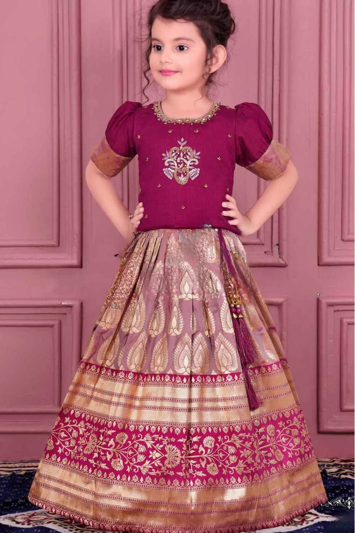 Magenta Embroidered Pattu Pavadai Set With Gold Zari Detailing For Girls
