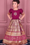 Magenta Embroidered Pattu Pavadai Set With Gold Zari Detailing For Girls