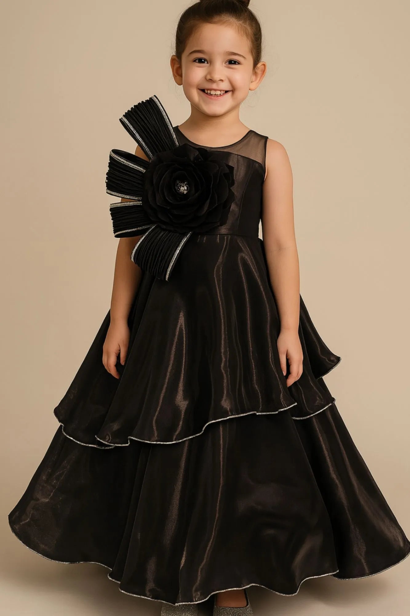 Black Layered Party Gown with Oversized Floral Appliqué For Girls