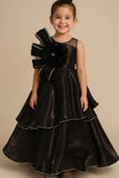Black Layered Party Gown with Oversized Floral Appliqué For Girls