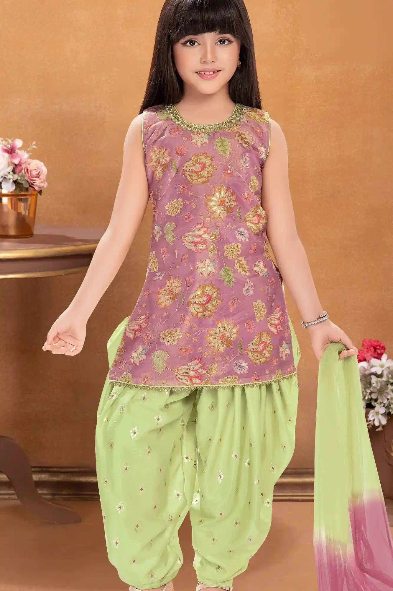 Pink And Pista Green Floral Woven Patiala Set with Dupatta For Girls