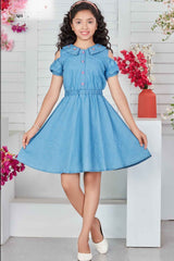 Fancy Denim Dress With Flat Collar For Girls