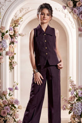 Girls Violet Co-Ord Set With Sleeveless Top And Wide-Leg Pants