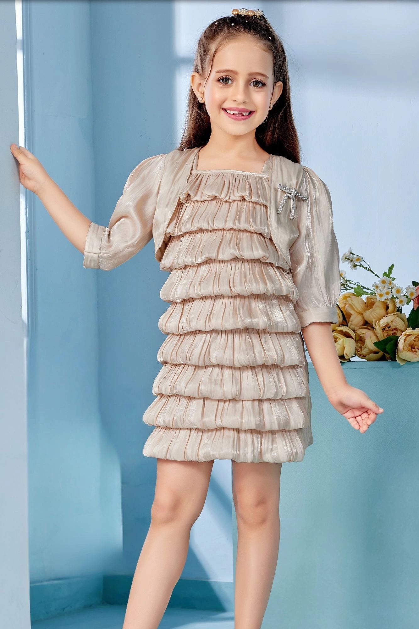 Fawn Layered Party Dress with Matching Shrug For Girls
