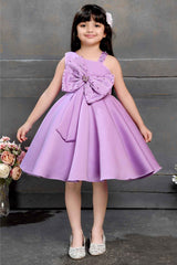 Purple Sleeveless And Bow Embellishment With Stone And Pearl Work Frock For Girls