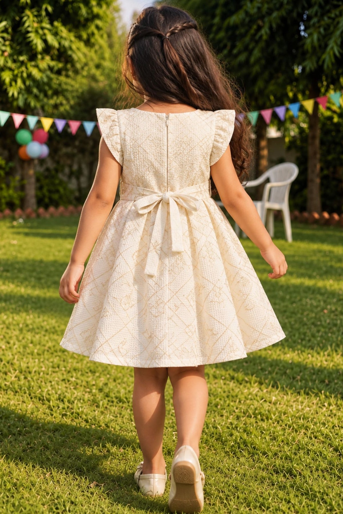 Girls Ivory Self-Embroidered Sequin Floral Yoke Frock