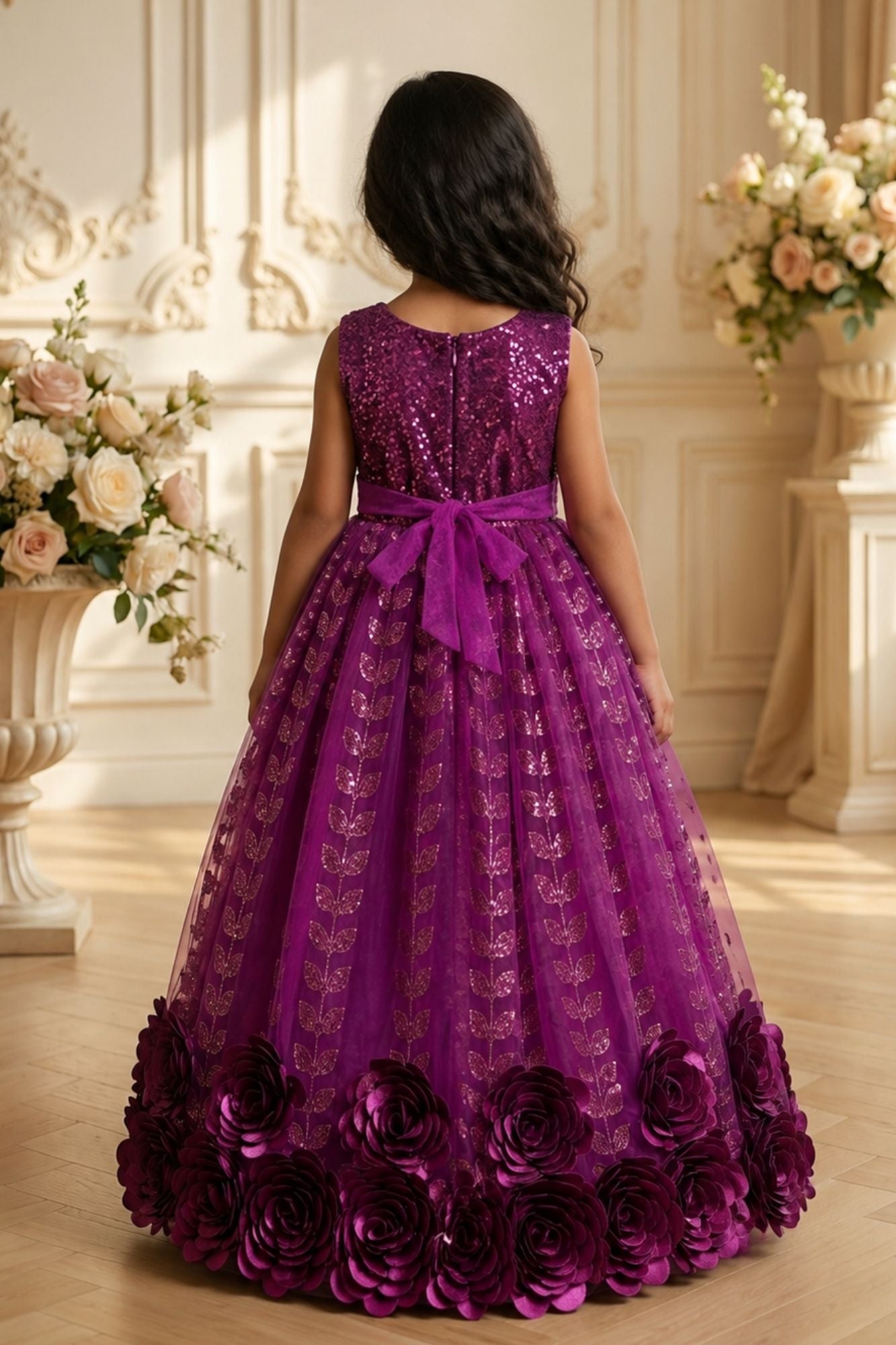 Purple 3D Floral Sequin Party Wear Gown