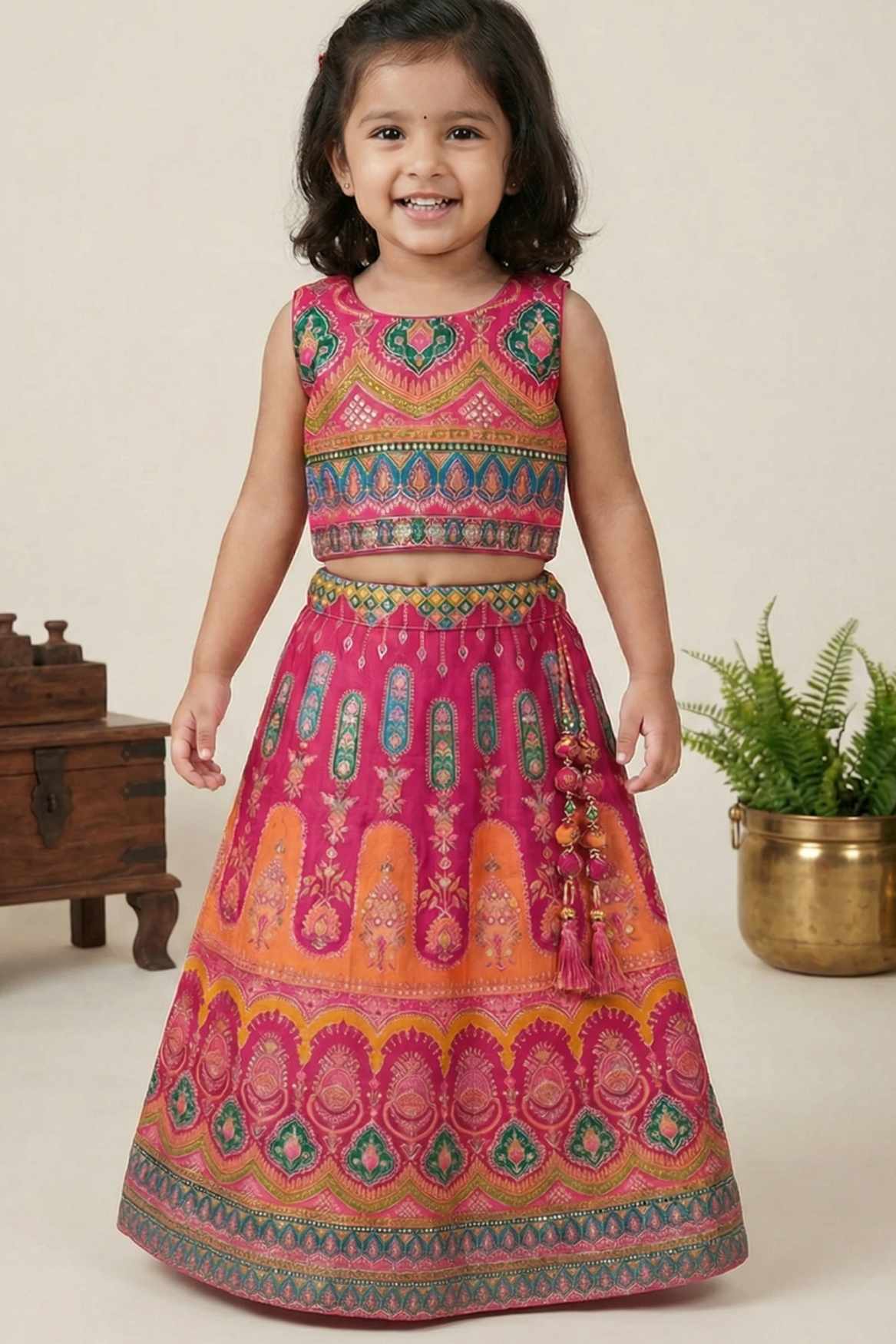 Rani Pink and Orange Embroidered Lehenga Choli with Dupatta For Girls
