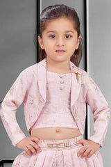 Stylish Pink Printed Dhoti Set With Over Coat For Girls