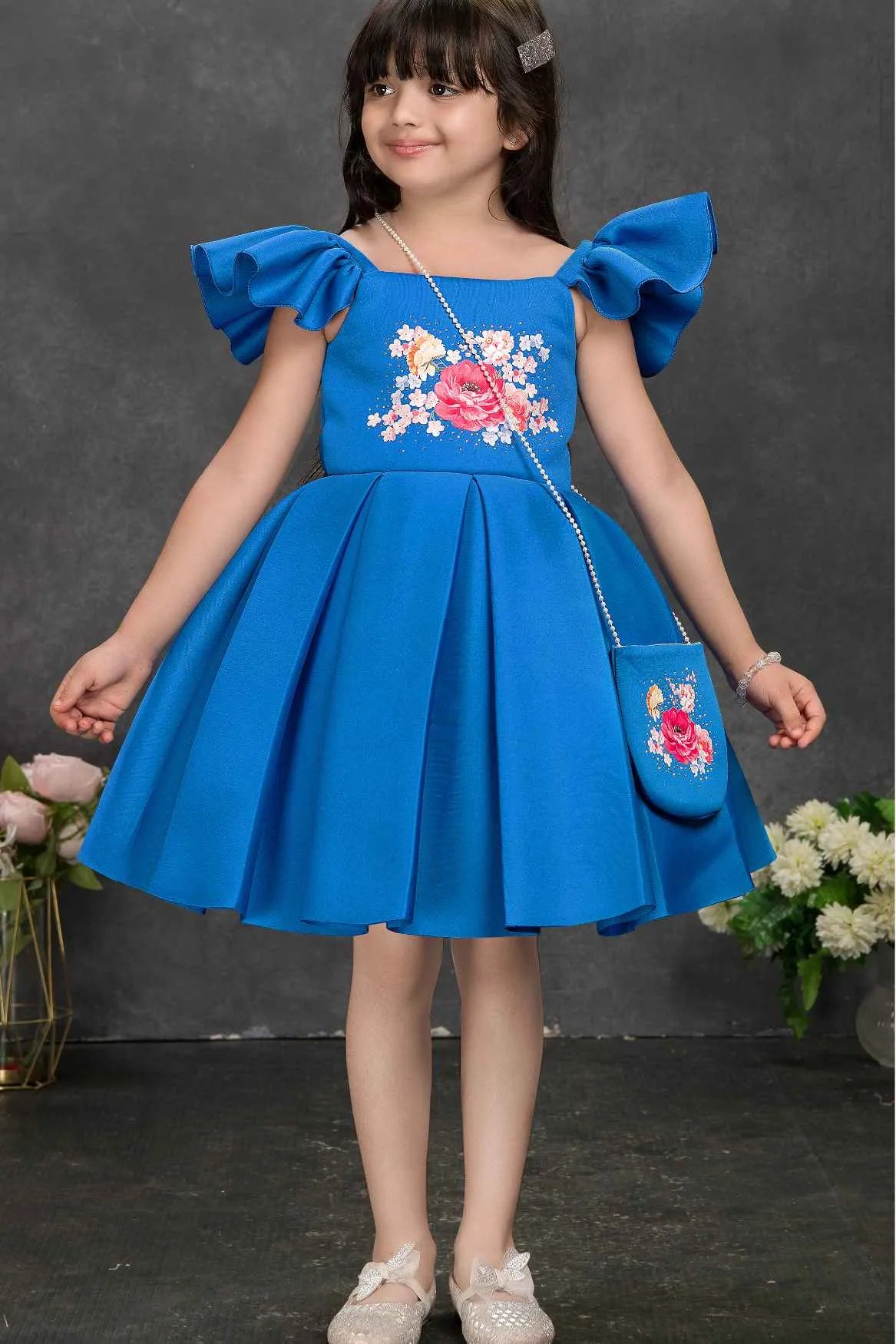 Blue Floral Embroidered Frock with Sling Bag For Girls – Lagorii Kids