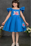 Blue Floral Embroidered Frock with Sling Bag For Girls