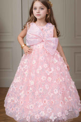 Pink Party Wear Gown With Sequin Flowers And Giant Bow For Girls