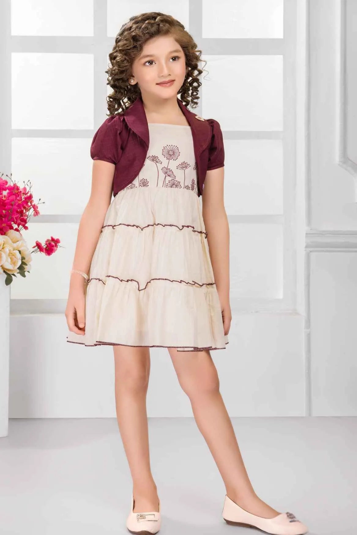 Cream Tiered Dress with Maroon Shrug and Embroidered Bodice For Girls