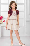 Cream Tiered Dress with Maroon Shrug and Embroidered Bodice For Girls