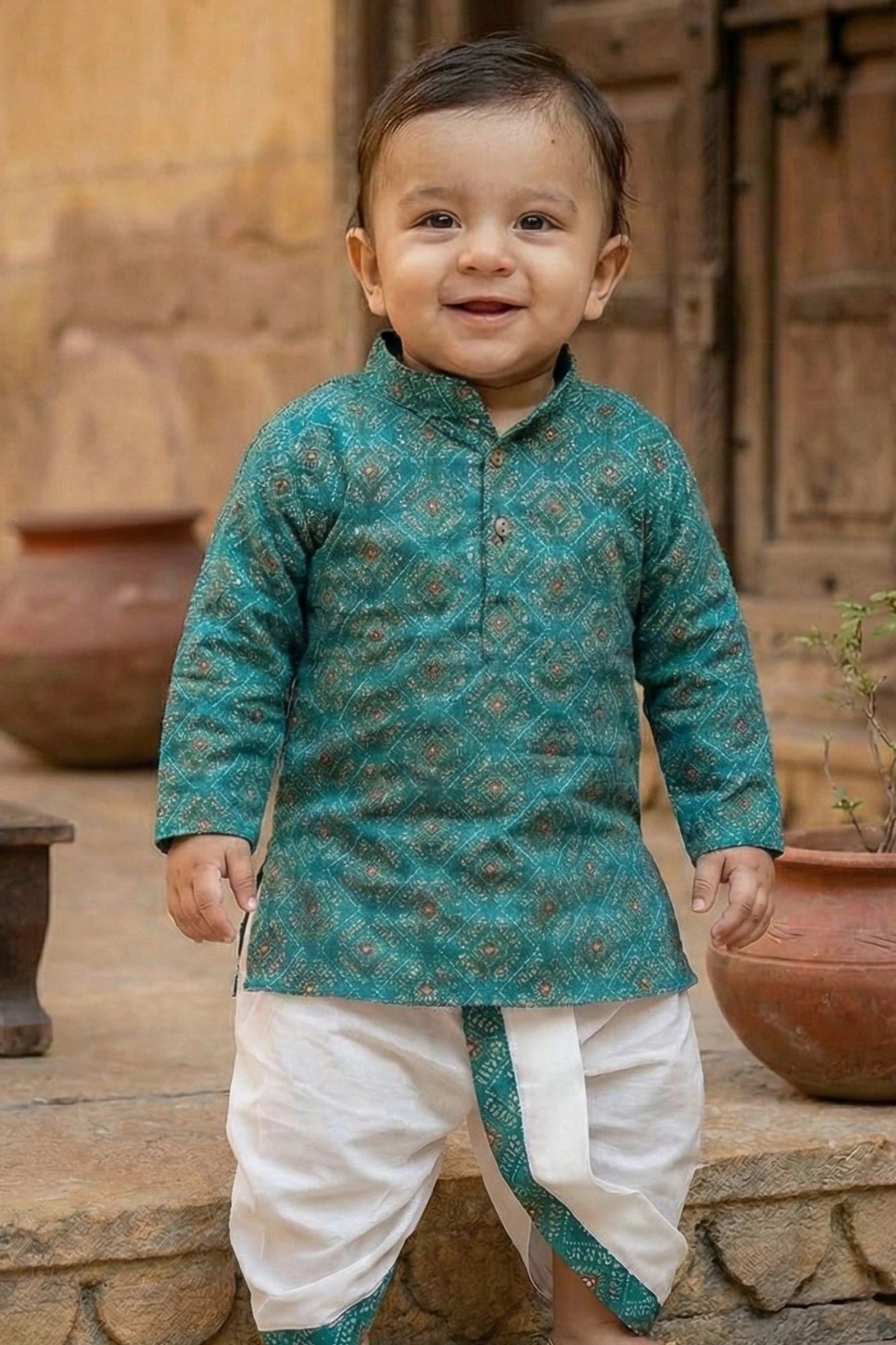 Teal Ethnic Printed Kurta Dhoti Set for Boys