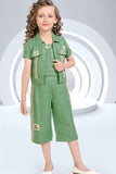 Green Crop Top And 3/4th Shorts Set With Lace Work Overcoat Set For Girls