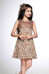 Blended Cotton Printed Frock With Tinge of Gold For Girls