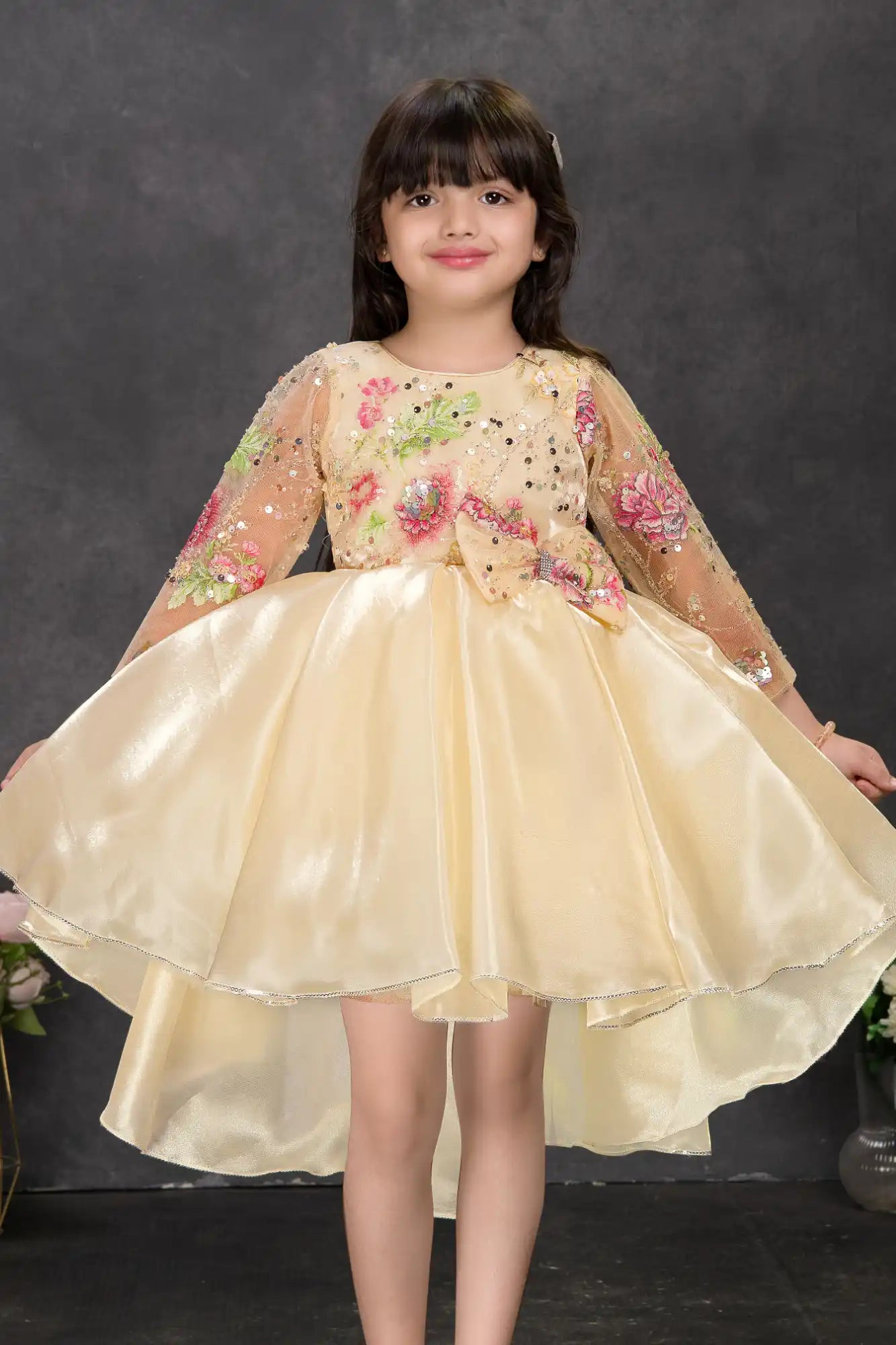 Fawn Floral Embroidered High-Low Party Frock For Girls