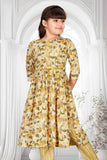 Mustard Printed Straight Kurta And Pant Set For Girls