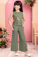 Mehendi Green Sleeveless With Floral embroidered Top And Pant Set For Girls