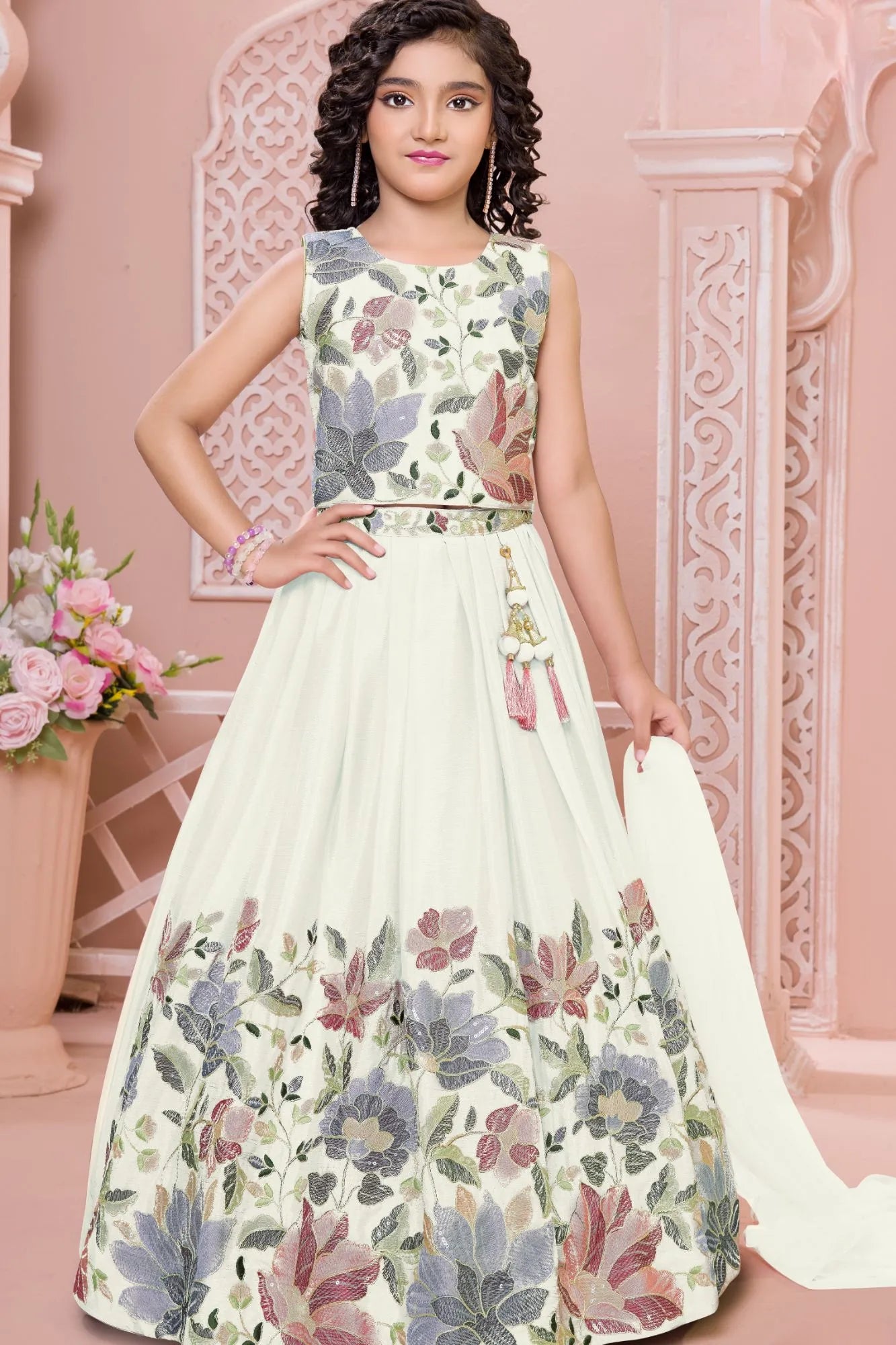 Cream Floral Embroidered Lehenga Choli And Dupatta For Girls