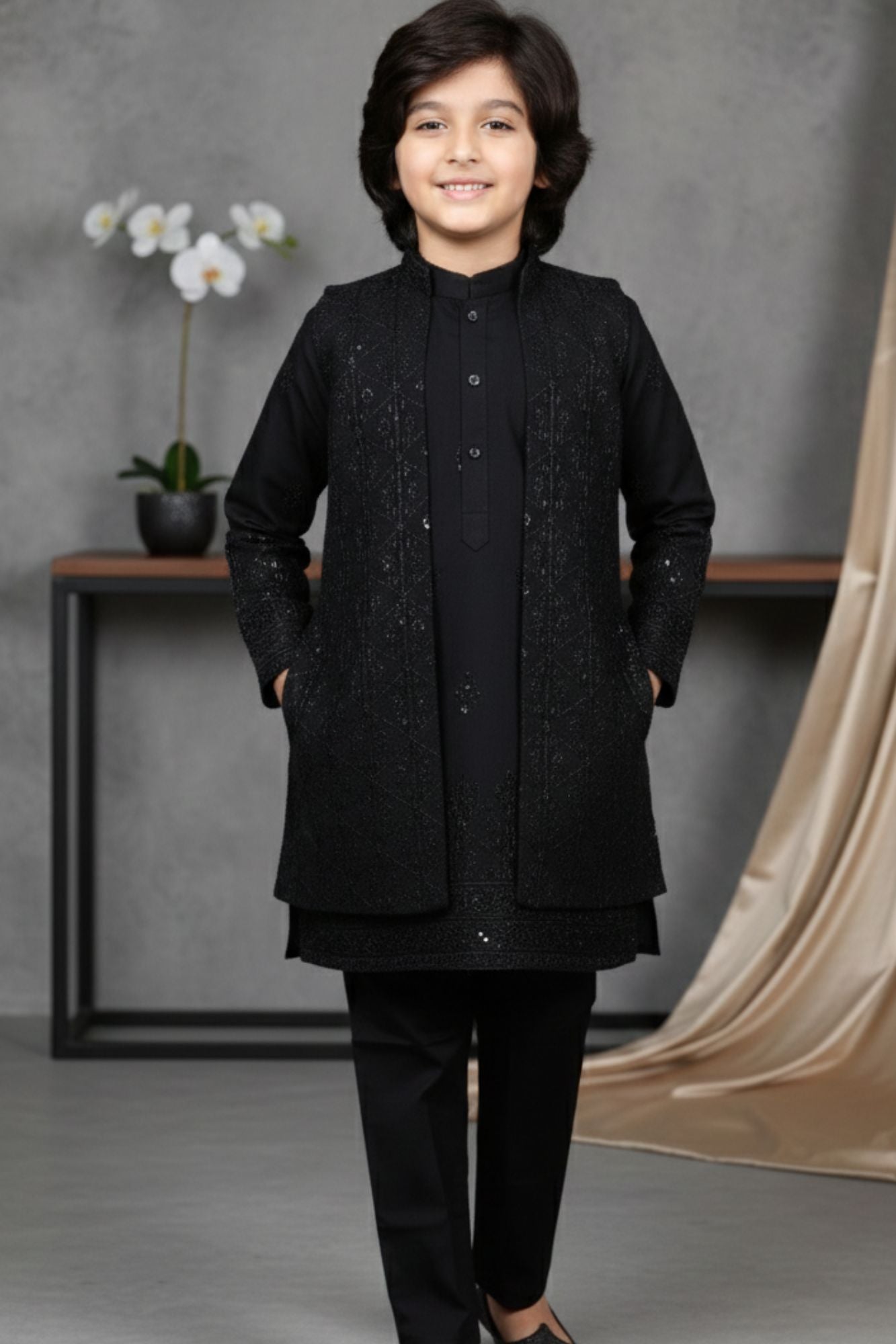Black Sequins Embroidered Kurta Pajama Set with Ethnic Jacket for Boys