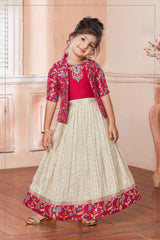 Rani Pink Sleeveless Choli And Lehenga Set With Zari Embroidery Stone Work Over Coat For Girls