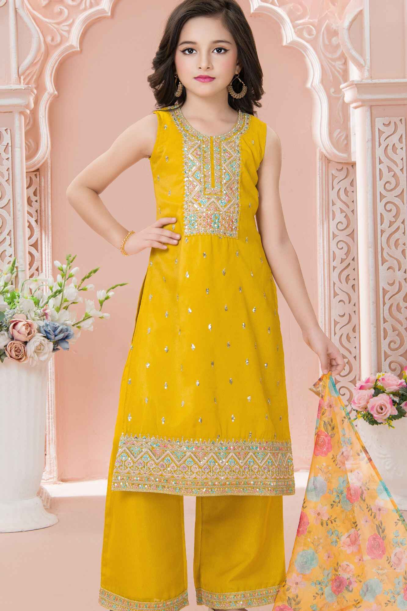 Mustard Yellow Embroidered Kurta Set with Floral Printed Dupatta For Girls