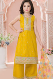 Mustard Yellow Embroidered Kurta Set with Floral Printed Dupatta For Girls