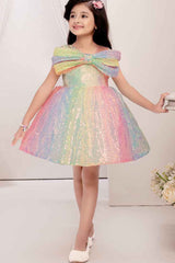 Multicolor Sequins Frock With Bow Embellished For Girls