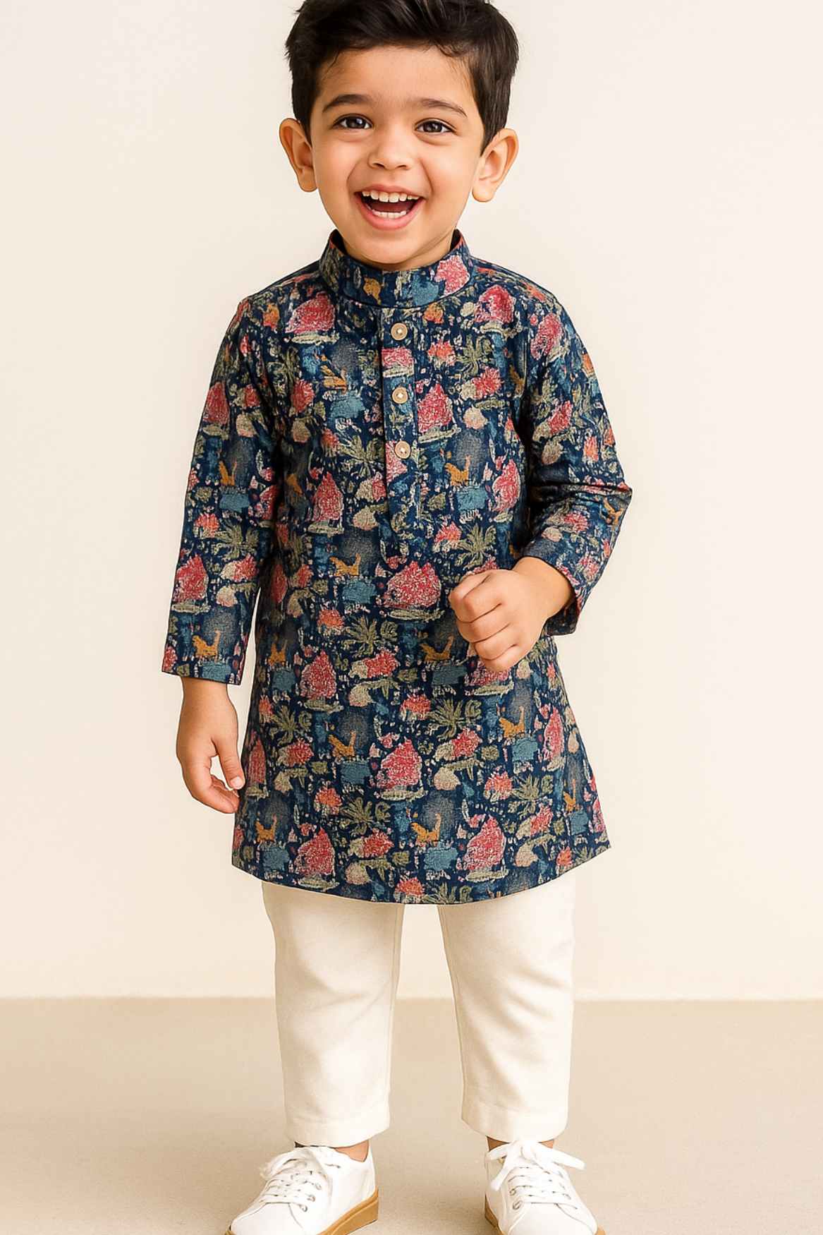 Navy Printed Kurta With Cream Pants For Boys