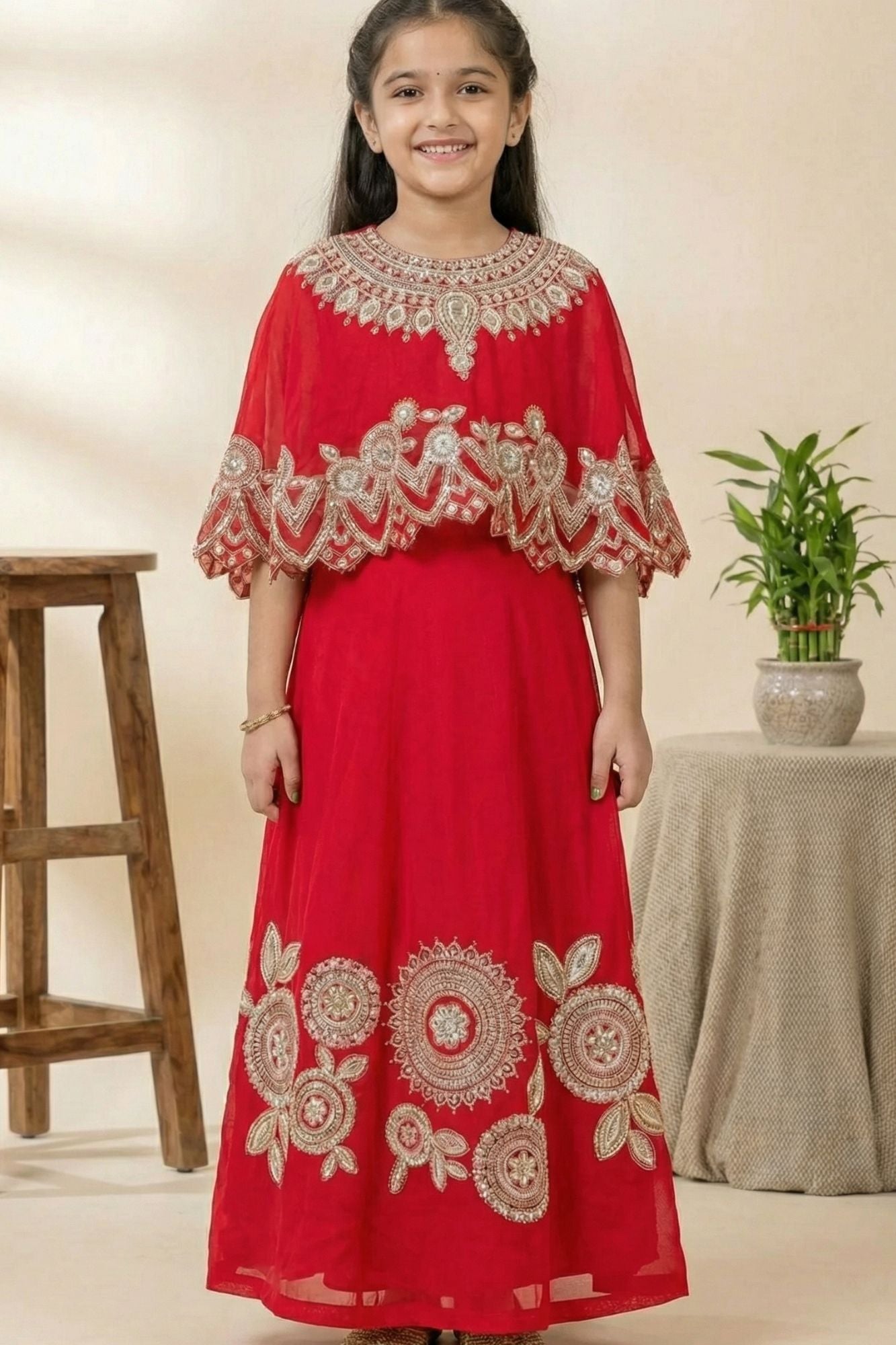 Designer Red Lehenga Choli with Embroidered Cape For Girls